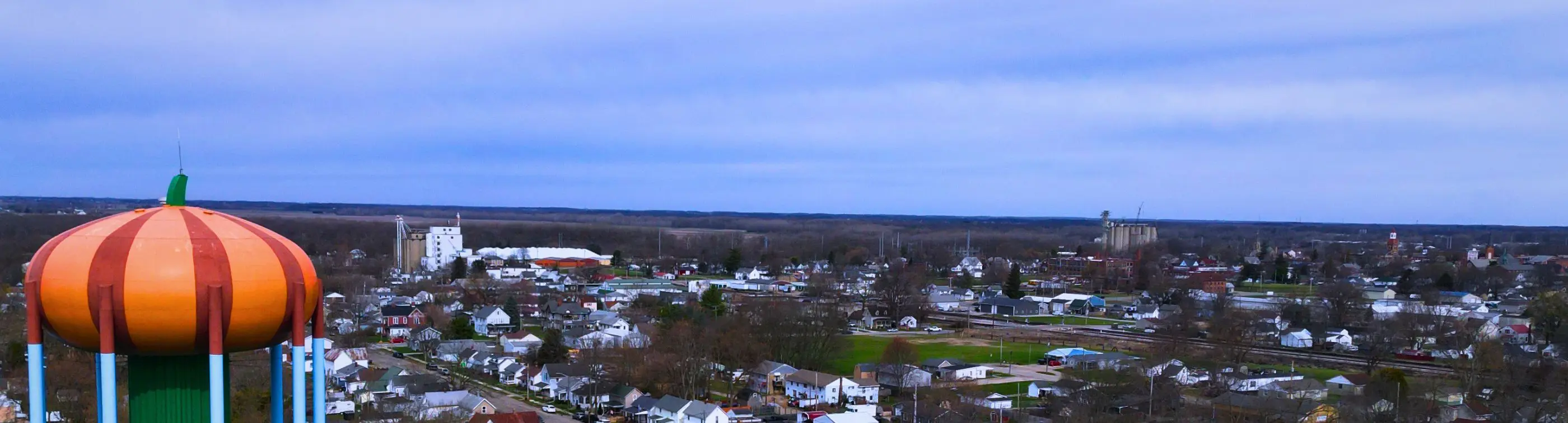 Aerial view of Circleville, Ohio with the pumpkin water tower